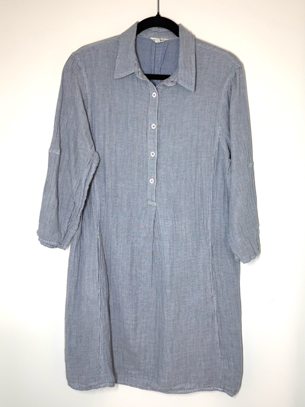 Max Studio Blue Striped Midi Cotton Shirt Dress Preppy Gauzy Coastal Beach Comfy